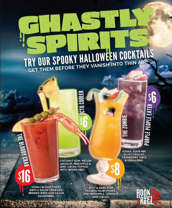 Ghastly Spirits Halloween cocktail menu with four drinks and prices