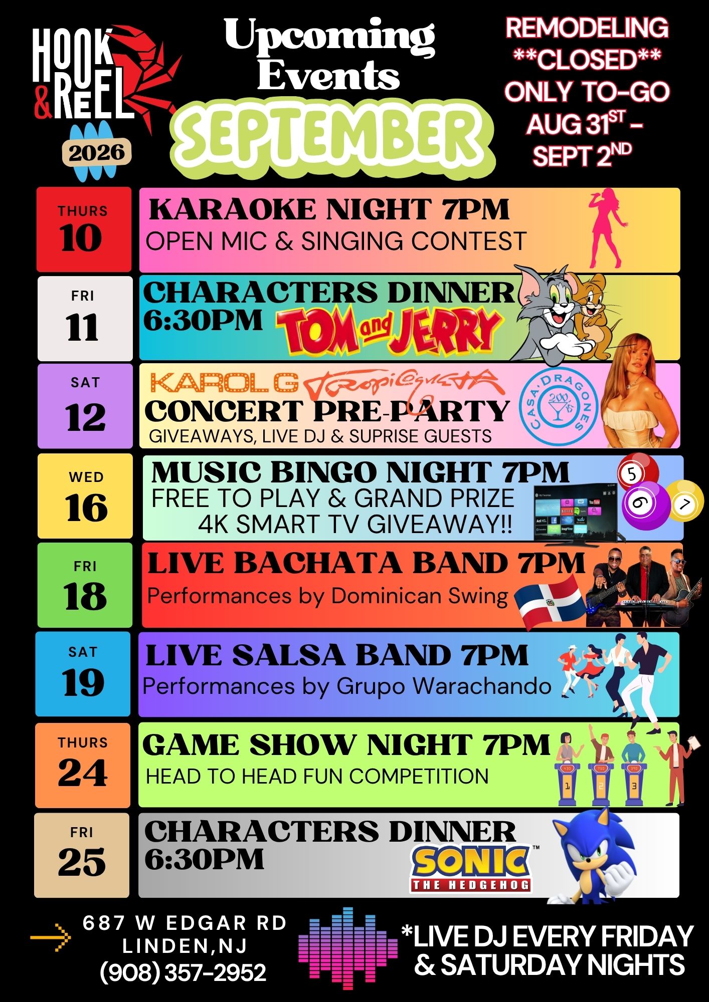 Hook&Reel Linden, NJ September Upcoming Events