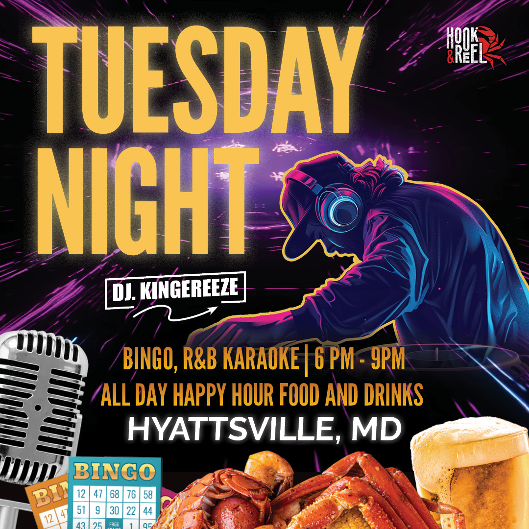 Tuesday Night flyer: Bingo, R&B karaoke, all-day happy hour, Hyattsville, MD