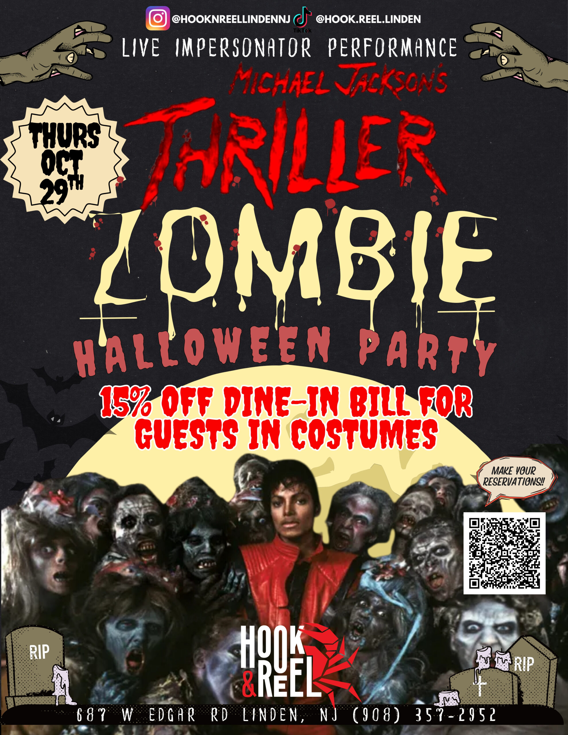 Thriller Zombie Halloween Party flyer, Thursday Oct 29, Linden, NJ