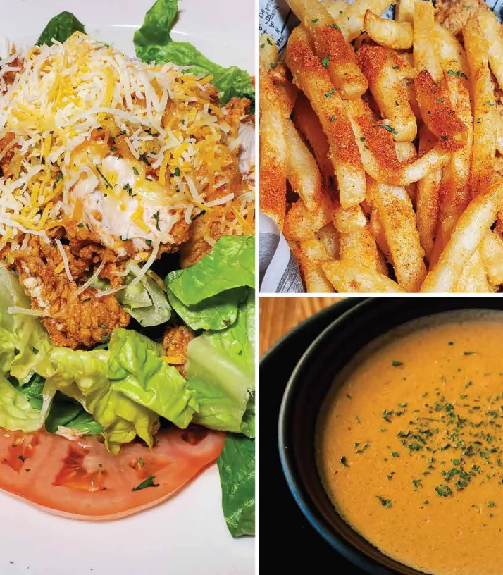 A collage of a chicken salad, seasoned fries and a bowl of bisque
